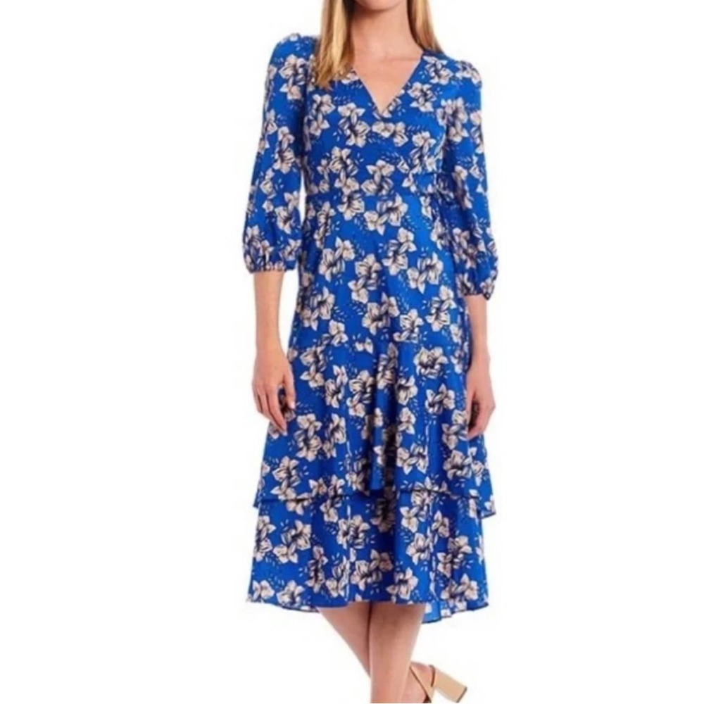 Eliza J Blue Floral Faux Wrap Long Sleeve Ruffle Midi Dress Size 10